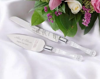 Personalized Wedding Cake Cutting Set Crystal KNIFE & SERVER Minimalist Gift Modern Rustic Vintage Anniversary Classic Boho Custom Engraved