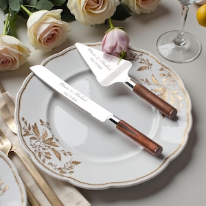 Personalized Wedding CAKE CUTTING SET Walnut Wood Cutter Knife Serving Server Minimalist Vintage Modern Bride Groom Engagement Custom