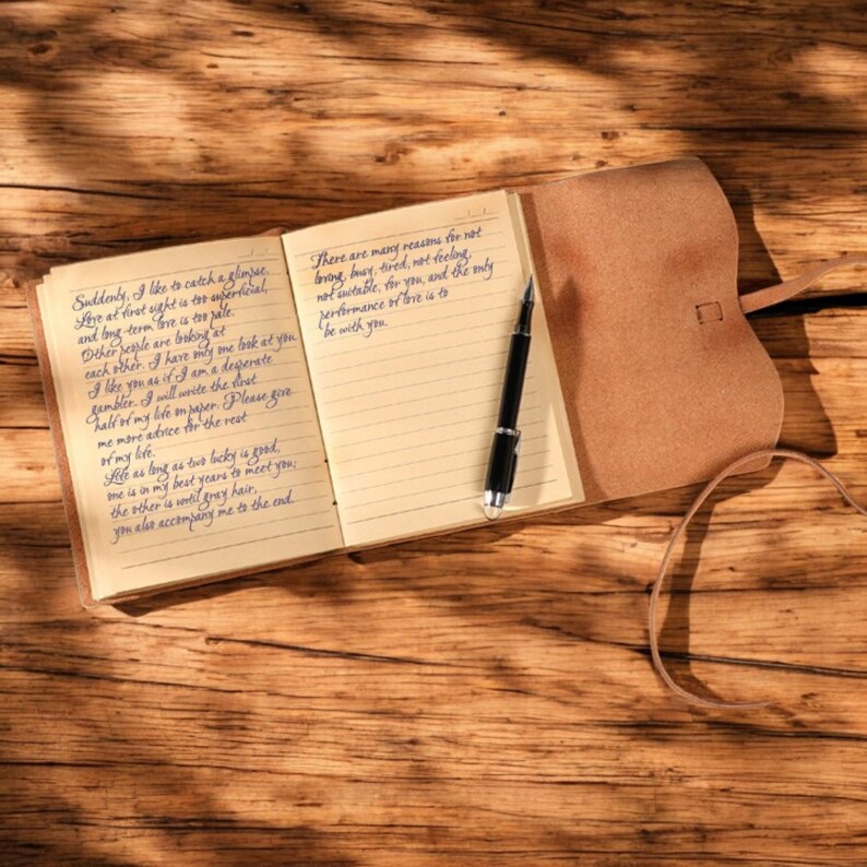 May include: An open leather-bound journal with cream-colored lined pages featuring handwritten English text in blue ink. A black fountain pen rests on the right page. The journal has a wrap-around leather cover with a long leather tie closure.