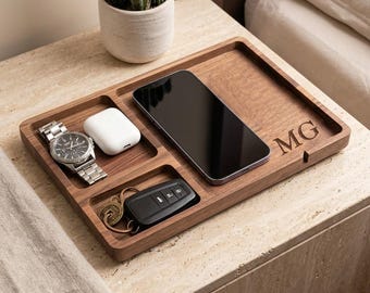 Personalized Wood VALET TRAY Catchall Organizer Wallet Keys Watch Jewelry Groomsmen Birthday Gift for Him Dad Men Boyfriend Custom Engraved