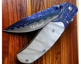 Personalized Pearl Anniversary POCKET KNIFE with Clip Knives 30th Birthday Gift for Him Dad Men Damascus Boyfriend Custom Engraved Engraved