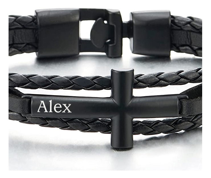 Personalized Name Cross Bracelet, Custom Engraved Leather Bracelet, Men's Jewelry, Birthday/Father's Day/Groomsmen Gifts for Boyfriend/Dad/Him