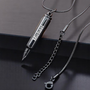 Personalized BULLET URN NECKLACE Ashes Cremation Jewelry for Men Women Human Keepsake Military Army Navy Veteran Memorial Custom Engraved