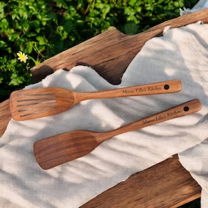 Personalized Acacia Wood Spatula Set Slotted Spoon Turner Utensil Home Kitchen Cook Chef Housewarming Gift for Her Women Mom Him Birthday