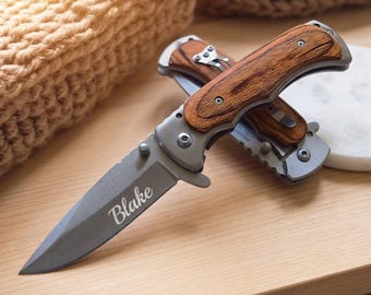 Personalized POCKET KNIFE Wood Anniversary Wedding Groomsmen Birthday Gift for Him Dad Men Boyfriend Custom Engraved Engraved