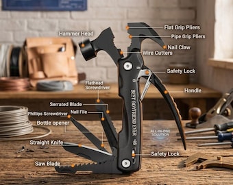 Personalized HAMMER MULTITOOL Pocket Knife Tool Groomsmen Birthday Gift for Him Dad Men Boyfriend Fishing Camping Hunting Fathers Day Custom