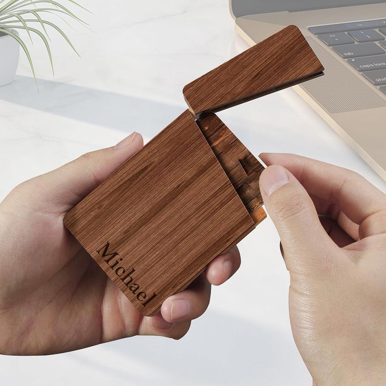 Personalized BUSINESS CARD HOLDER Case Custom Engraved Wood Corporate Gifts for Him Dad Boyfriend Men Son Her Women Mom Office Boss Realtor image 2