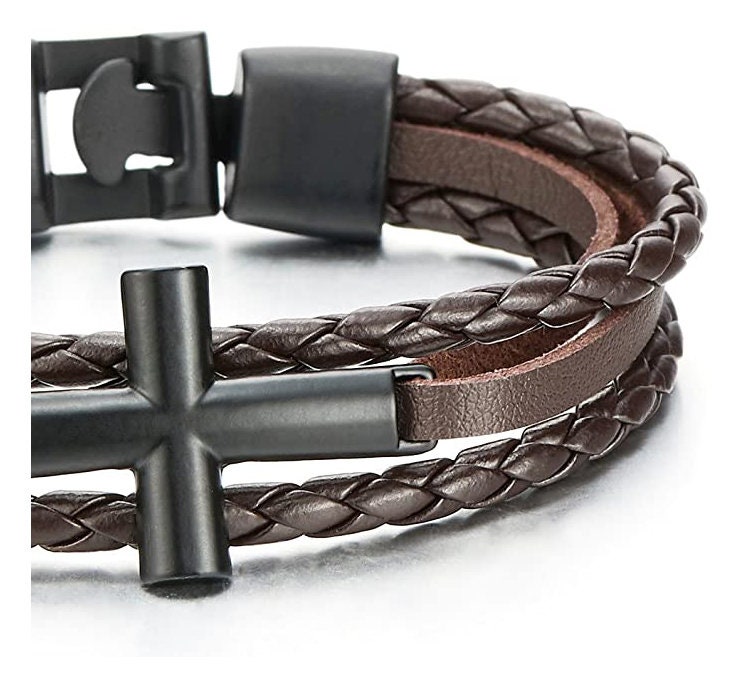 Personalized Name Cross Bracelet, Custom Engraved Leather Bracelet, Men's Jewelry, Birthday/Father's Day/Groomsmen Gifts for Boyfriend/Dad/Him