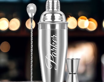 Personalized COCKTAIL SHAKER SET Mixer Drinkware Custom Engraved Bar Bartender Barware Home Kitchen Gifts for Him Her Dad Men Mom Women 24oz