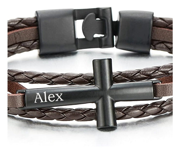 Personalized Name Cross Bracelet, Custom Engraved Leather Bracelet, Men's Jewelry, Birthday/Father's Day/Groomsmen Gifts for Boyfriend/Dad/Him