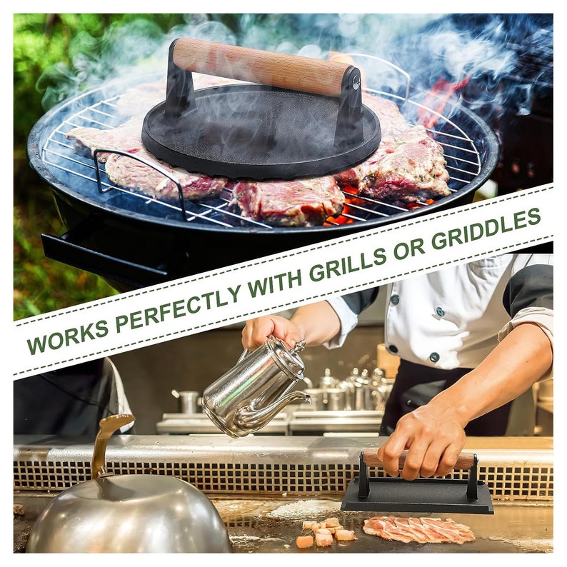 May include: A black cast iron grill press with a wooden handle is shown on a grill with steaks. The press is used to flatten food while cooking. The text "WORKS PERFECTLY WITH GRILLS OR GRIDDLES" is also visible.