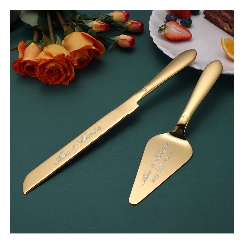 Personalized Wedding CAKE CUTTING SET Gold Silver Cutter Knife Serving Server Knive Custom Engraved Minimalist Vintage Modern Bride Groom
