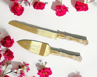 Personalisiertes Hochzeitstorten-Schneidset, Gold-Silber-Schneidemesser, Serviermesser, individuell graviert, minimalistisch, Vintage, modern, Braut und Bräutigam