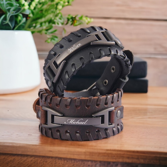 HZMAN Men's Brown Leather Cuff Bracelet - Adjustable Wristband With Interlaced Steel Chain