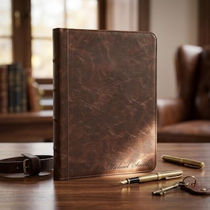 May include: A brown leather journal with the name "Michael Smith" embossed on the cover. A brown leather belt, a gold pen, a gold pen, and a key with a leather tag are on the wooden surface.