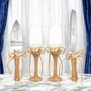 SET DE CORTE DE TORTA DE BODA PERSONALIZADO Y COPAS DE CHAMPÁN Cuchillo para servir Cuchillo para servir Encaje Boho Rústico Vintage Clásico Grabado personalizado