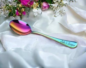 Personalized SPOON Rainbow Spectrum Oil Slick Dinnerware Utensil Party Wedding Gifts for Her Child Kid Mom Kitchen Cutlery Chef Engraved