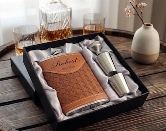 Personalized LEATHER GROOMSMEN FLASK for Men Best Man Groom Birthday Gift for Him Dad Grandpa Wedding Boyfriend Custom Engraved Engraved