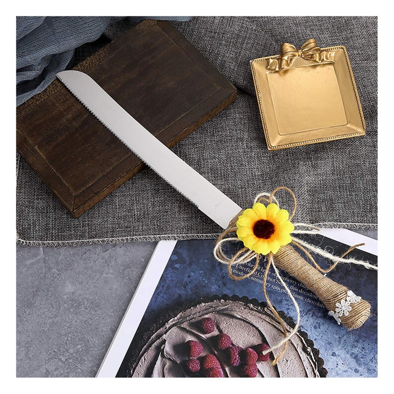 Personalized Wedding CAKE CUTTING SET Sunflower Serving Cutter Knife Server Knive Custom Engraved Minimalist Garden Rustic Boho Traditional image 4