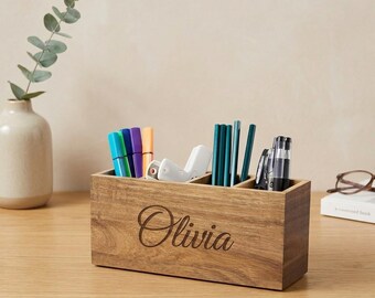 Personalized Acacia Wood Desk Organizer | Custom Engraved Pen Holder | Wooden Office Organizer | Makeup Brush Holder | Teacher & Coworker