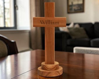 Personalized WOOD CROSS Statue with Stand Art Catholic Christian Gift for Him Her Mom Dad Birthday Baptism Confirmation Home Fathers Day