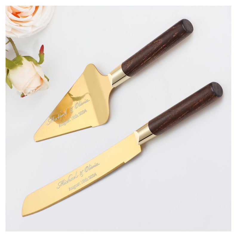 Custom Personalized Wedding CAKE CUTTING SET Walnut Wood Cutter Knife Serving Server Minimalist Vintage Modern Bride Groom Engagement
