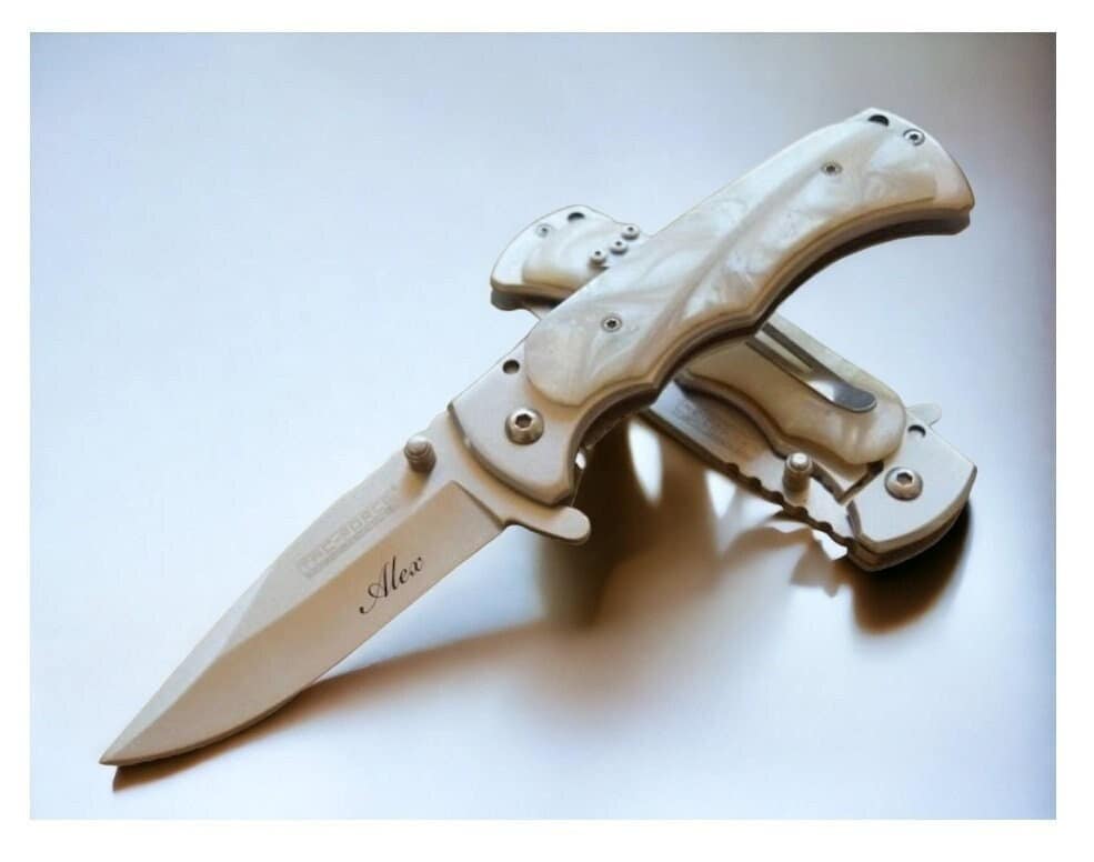 Personalized Pearl White POCKET KNIFE with Clip 30th Anniversary Groomsmen Gift for Him Dad Men Husband Wedding Unique Birthday Christmas