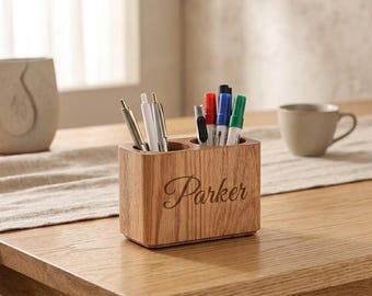 Personalized Oak Desk Organizer Custom Engraved Wooden Pen Holder | Gift for Her Him Men Women Mom Dad Teacher Desk Graduation Makeup Brush