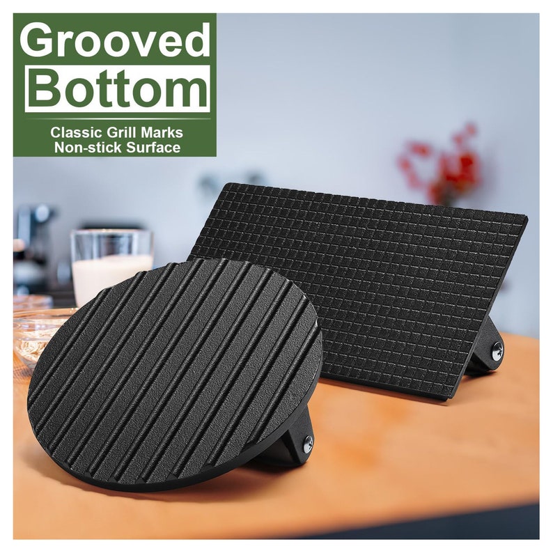 May include: Two black grill presses with grooved bottoms. One is round, the other rectangular. The text in the image reads "Grooved Bottom", "Classic Grill Marks", and "Non-stick Surface".