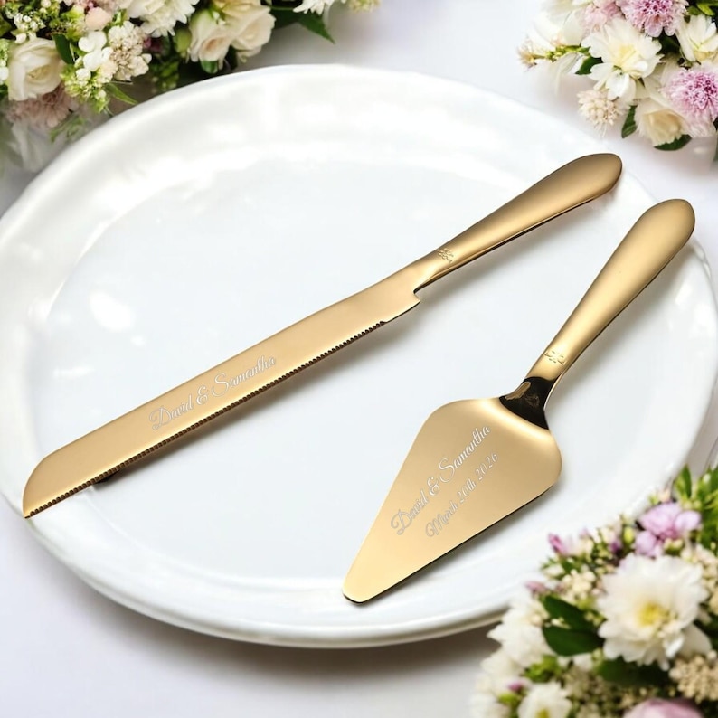Personalized Wedding CAKE CUTTING SET Gold Silver Cutter Server Knife Bridal Anniversary Gift for Her Bridal Shower Birthday Custom Engraved