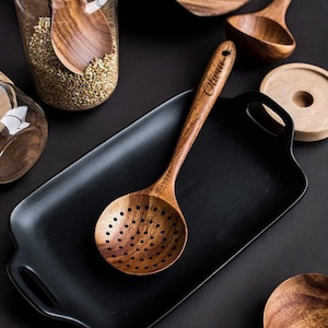 Personalized COLANDER SKIMMER LADLE Wood Rice Spoons Cooking Kitchen Gift for Her Mom Women Housewarming Home Chef Cook Custom Engraved