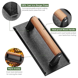 May include: A black cast iron burger press with a wooden handle. The press has a rectangular base and is designed for even heat distribution. The handle is made of smooth wood and is heat-proof.