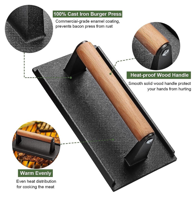 May include: A black cast iron burger press with a wooden handle. The press has a rectangular base and is designed for even heat distribution. The handle is made of smooth wood and is heat-proof.