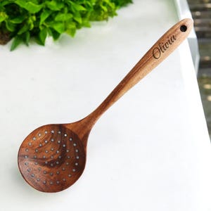 Personalized COLANDER SKIMMER LADLE Wood Rice Spoons Cooking Kitchen Gift for Her Mom Women Housewarming Home Chef Cook Custom Engraved