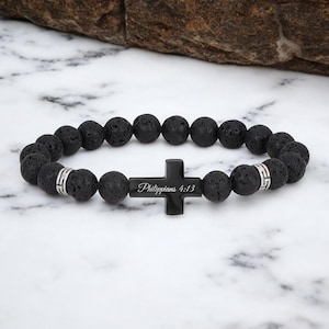 Personalized CROSS BRACELET Lava Stone Black Bible Verse Jewelry for Women Stone Groomsmen Gift for Dad Men Her Adjustable Custom Engraved