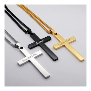 Personalized CROSS NECKLACE for Men Women Pendant Gold Silver Black Boys Catholic Christian Gift for Him Her Baptism Unique Custom Engraved