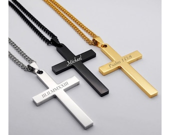 Personalized CROSS NECKLACE Men Mens Custom Engraved Silver Gold Boys Women Jewelry Pendant Necklaces Baptism Christian Bible Verse Gifts