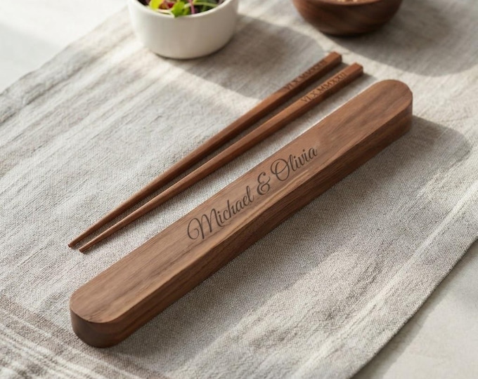 Personalized WOOD CHOPSTICKS & CASE Chop Sticks Wedding Bridesmaid Birthday Gift for Her Women Mom Him Home Cooking Kitchen Custom Engraved