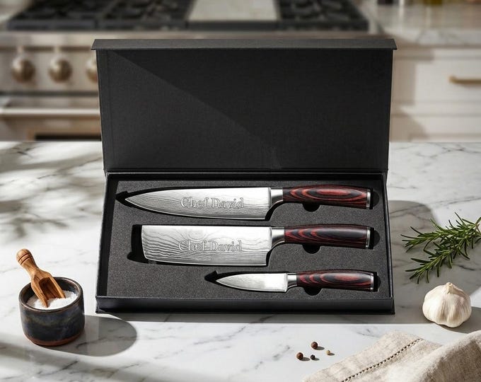 Personalized CHEF KNIFE SET Kitchen Knives Cooking Home Housewarming Birthday Gift for Her Him Mom Dad Men Women Custom Engraved Engraved
