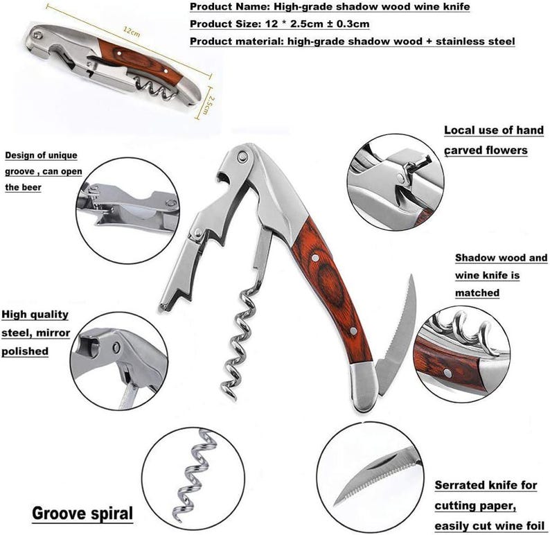May include: A high-grade shadow wood wine knife with a stainless steel corkscrew, bottle opener, and serrated knife. The knife is 12 inches long and features a unique groove design.