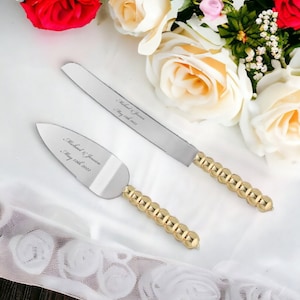 Personalized Wedding CAKE CUTTING SET Gold Beaded Serving Cutter Knife Server Knive Gift Garden Rustic Vintage Traditional Custom Engraved