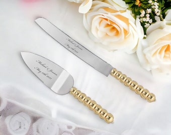 Personalized Wedding CAKE CUTTING SET Gold Beaded Serving Cutter Knife Server Knive Custom Engraved Gifts Garden Rustic Vintage Traditional