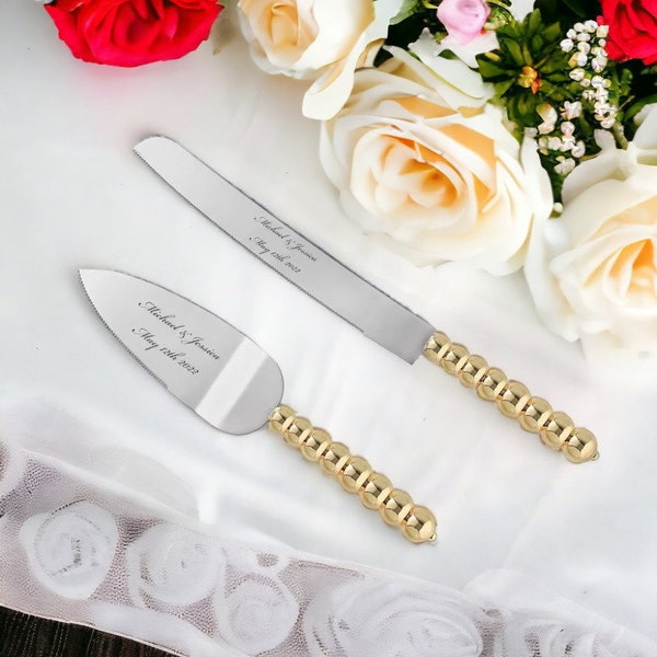 Personalized Wedding CAKE CUTTING SET Gold Beaded Serving Cutter Knife Server Knive Custom Engraved Gifts Garden Rustic Vintage Traditional