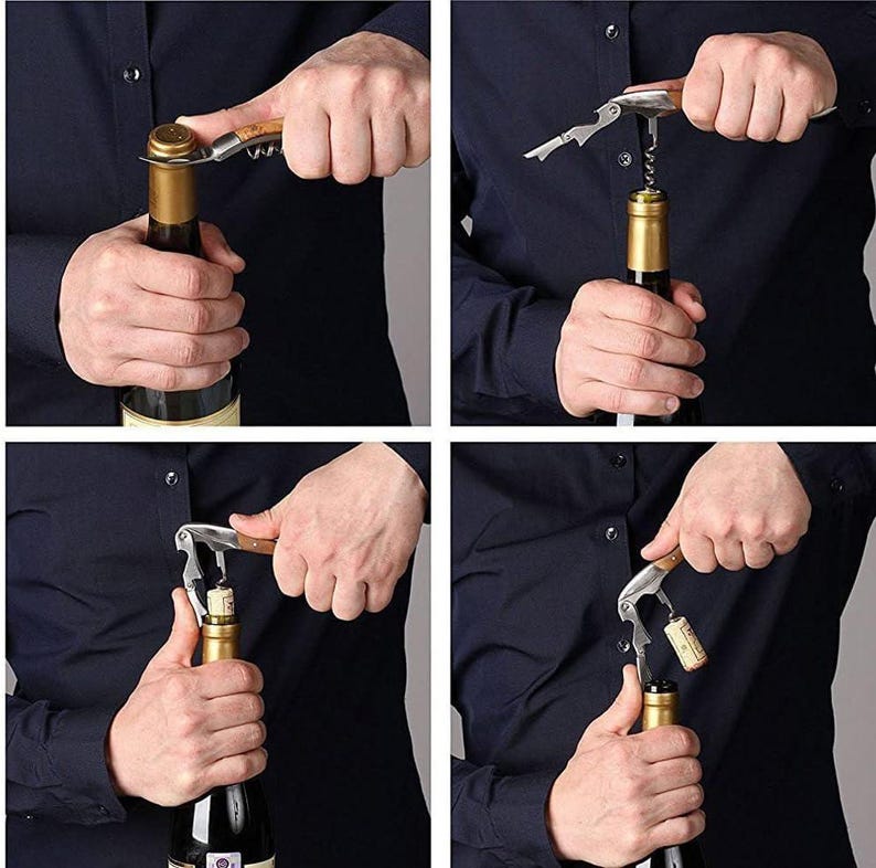May include: Four different people are shown using a wine bottle opener to open a bottle of wine. The opener has a wooden handle and a metal corkscrew. The bottle is a standard wine bottle with a cork.