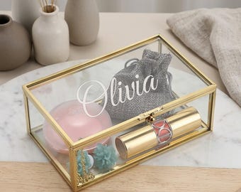 Personalized Vintage Glass Keepsake Jewelry Box Custom Engraved Bridesmaid Bridal Organizer Wedding Birthday Gift for Her Mom Women Grandma