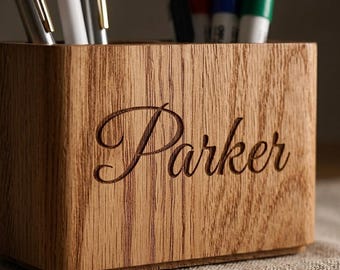 Personalized Oak Desk Organizer Custom Engraved Wooden Pen Holder | Gift for Her Him Men Women Mom Dad Teacher Desk Graduation Makeup Brush