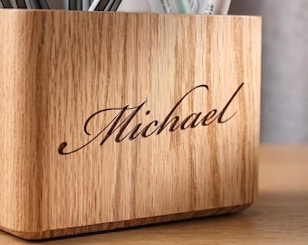 Personalized Oak Desk Organizer Custom Engraved Wooden Pen Holder | Gift for Her Him Men Women Mom Dad Teacher Desk Graduation Makeup Brush