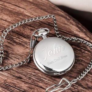 Personalized POCKET WATCH & CHAIN Pocketwatch Groomsmen Gift for Him Dad Men Silver Graduation Wedding Birthday Boyfriend Custom Engraved