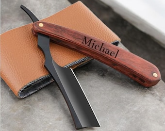 Personalized SHAVING BLADE & STROP Travel Razor Beard Mustache Groomsmen Birthday Gift for Him Dad Men Boyfriend Custom Engraved Engraved