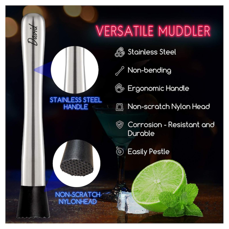 Personalized COCKTAIL MUDDLER & Mixing Spoon Home Bar Birthday Gift ...